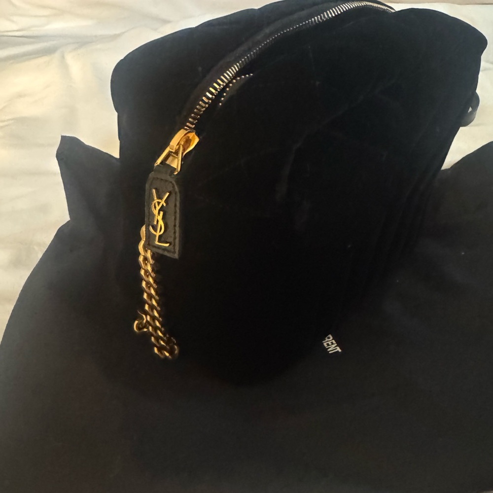 Saint Laurent Black Velvet Puffer Crossbody Bag with Gold Hardware